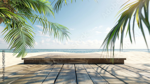 A sleek wooden podium under the shade of palm fronds on a pristine sandy beach