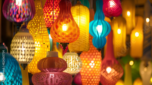 Lanterns of colorful summer festival  This image captures a mesmerizing array of colorful  illuminated lanterns hanging in close proximity. The intricate designs and radiant glow emanate a warm 