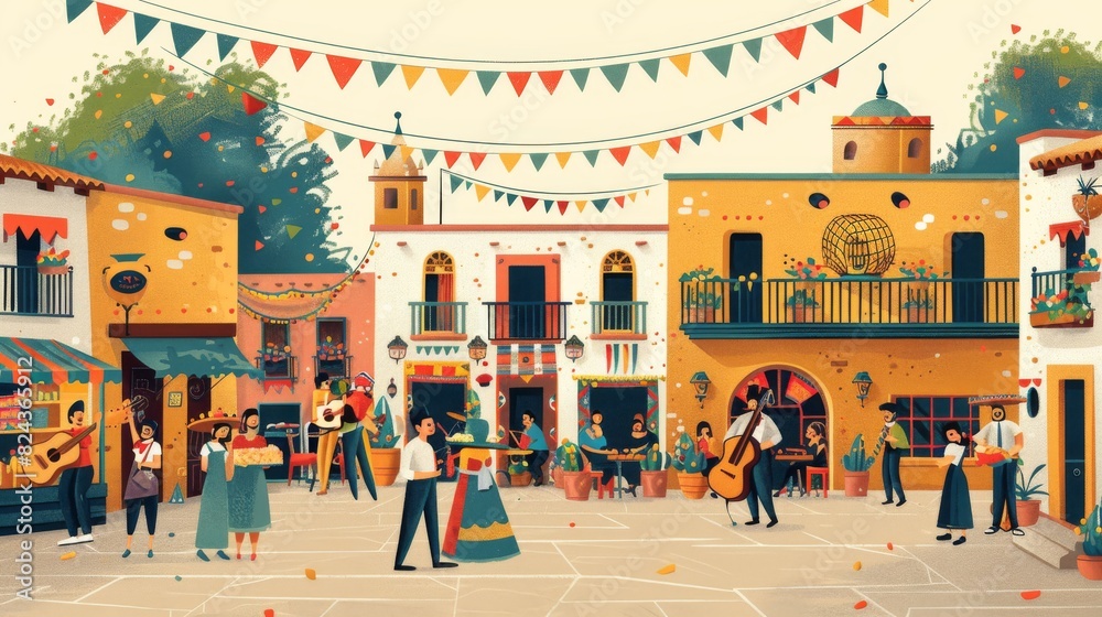 Obraz premium Detailed vector illustration of a Cinco de Mayo street festival, with food stalls, musicians, and families enjoying the festivities Generative AI