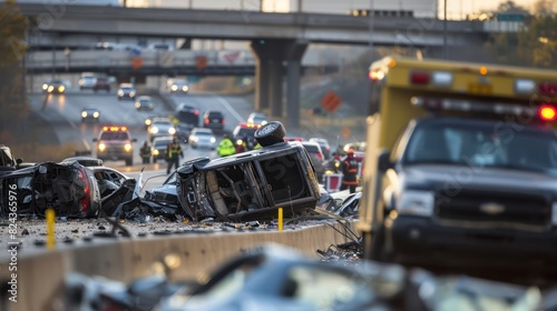 Capture a multi-car pileup on a highway, with vehicles crumpled together and emergency crews working to clear the wreckage.