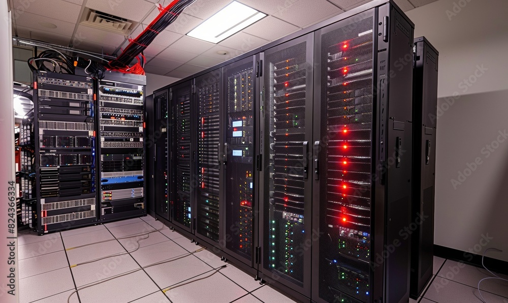 A high-tech server room, showcasing the hardware that supports software applications and services A high-tech server room, showcasing the hardware that supports software applications and services