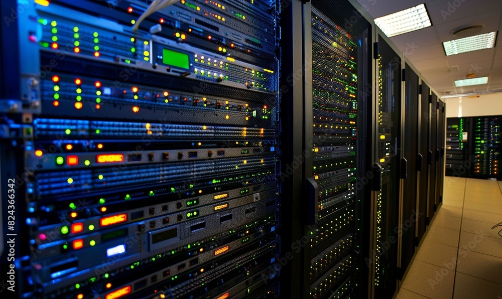 A high-tech server room, showcasing the hardware that supports software applications and services A high-tech server room, showcasing the hardware that supports software applications and services