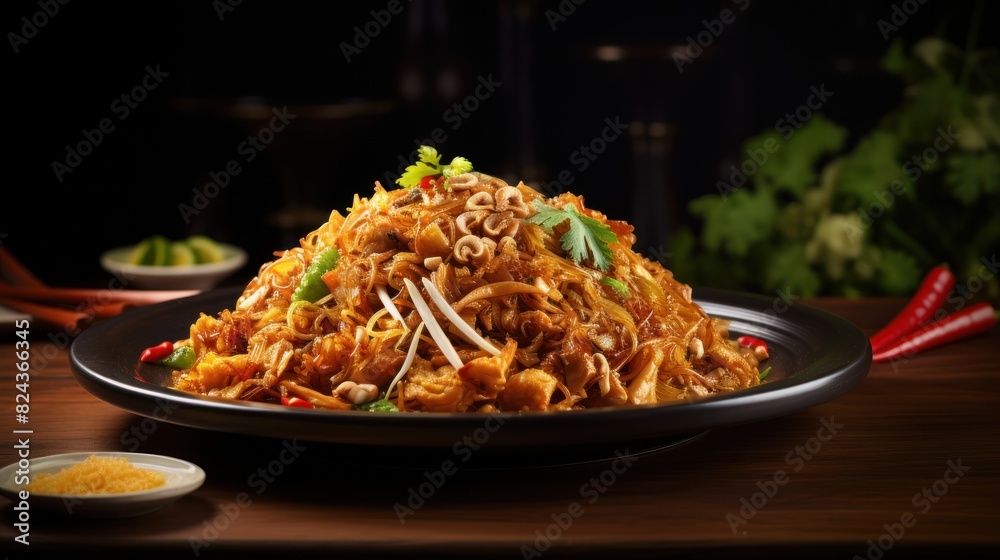 Pad Thai on a black wooden table, Pad Thai on a black wooden table,