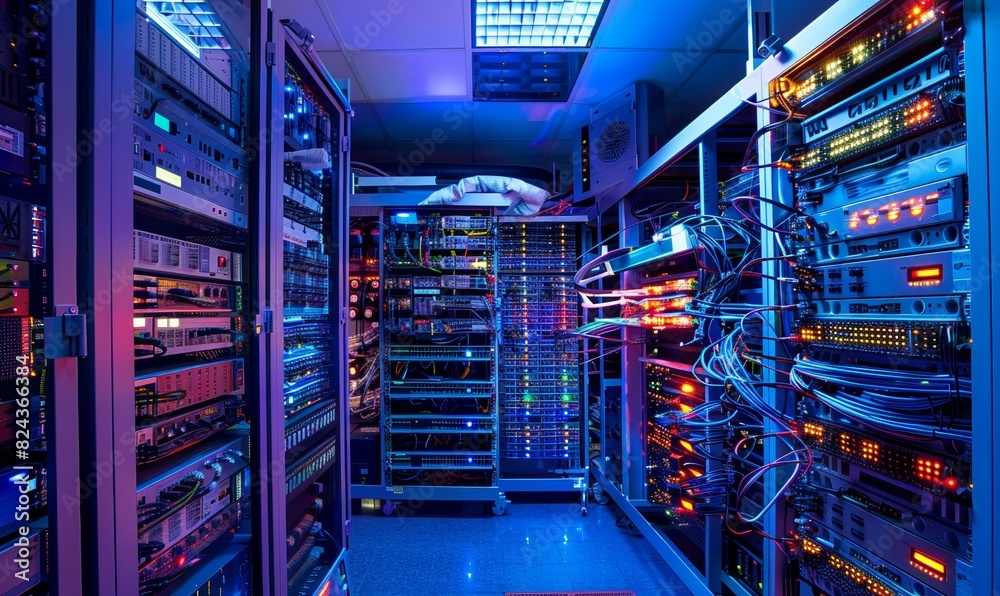 A high-tech server room, showcasing the hardware that supports software applications and services