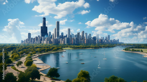 Aerial view of Chicago skyline from above, Lake Michigan and skyscrapers of downtown Chicago, Illinois, USA photo