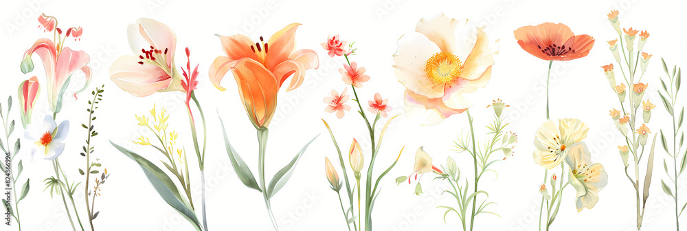 Fototapeta premium Watercolor Floral Clipart Illustrations with Various Blooming Flowers