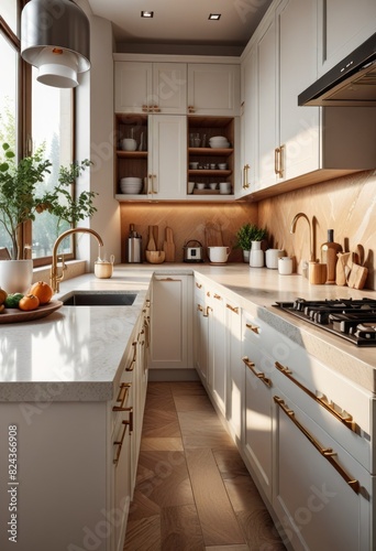 A modern kitchen counter designed with a sleek white and beige color scheme  exuding contemporary elegance