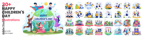 Mega Collection of Children’s Day Illustrations. Children Around the World. Children Are Having Fun With Toys. Flat Style Vector Illustration