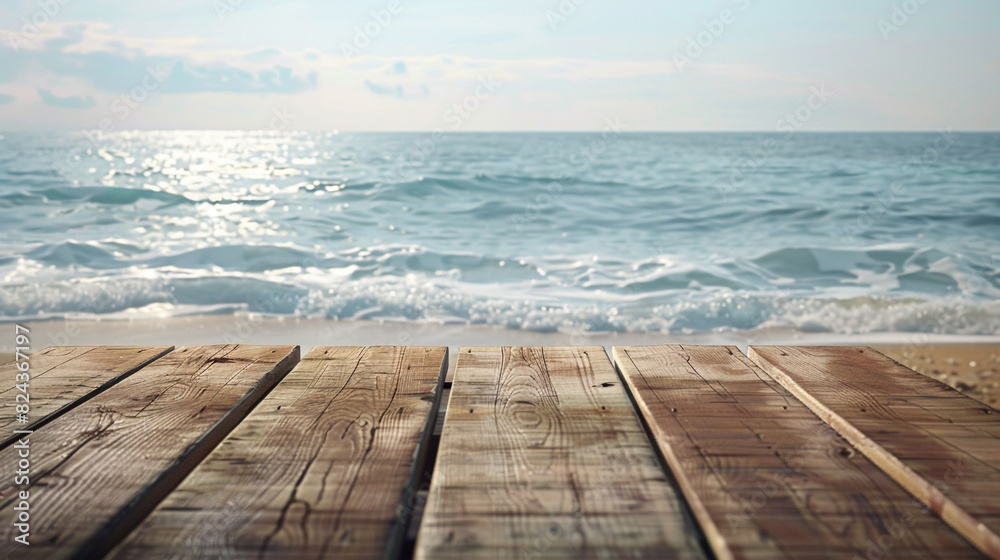 Minimalist wooden podium with ocean waves gently lapping at the shore in the distance