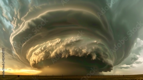Dynamic Massive Supercell Thunderstorm with Dramatic Clouds and Intense Lighting Over Open Prairie at Sunset photo