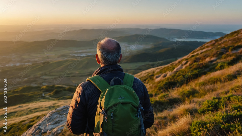 Mature backpacker looking at the panoramic view on a hilltop. Rearview of a male hiker standing alone on a coastal hill