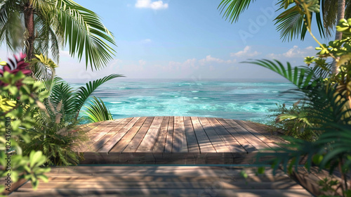 Modern wooden podium surrounded by tropical plants and a clear  azure sea