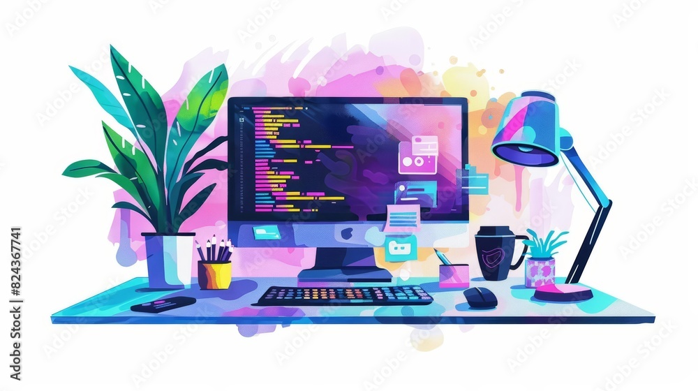 A cute watercolor of a computer, displaying code and graphics, in a ...
