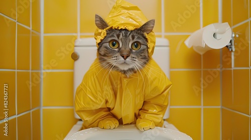 Cat in bio lab suit cleaning the toilet,full body, in the style of pop inspo, gongbi, exacting precision, yellow and amber, video, untrained, yankeecore photo
