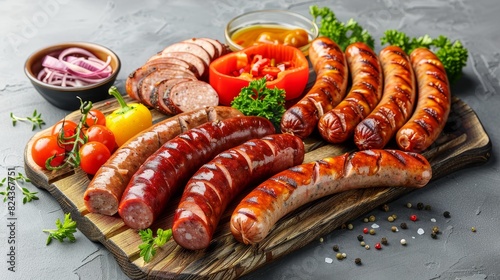 Assortment of boiled sausages on a serving board, paired with fresh vegetables and condiments, grey background photo