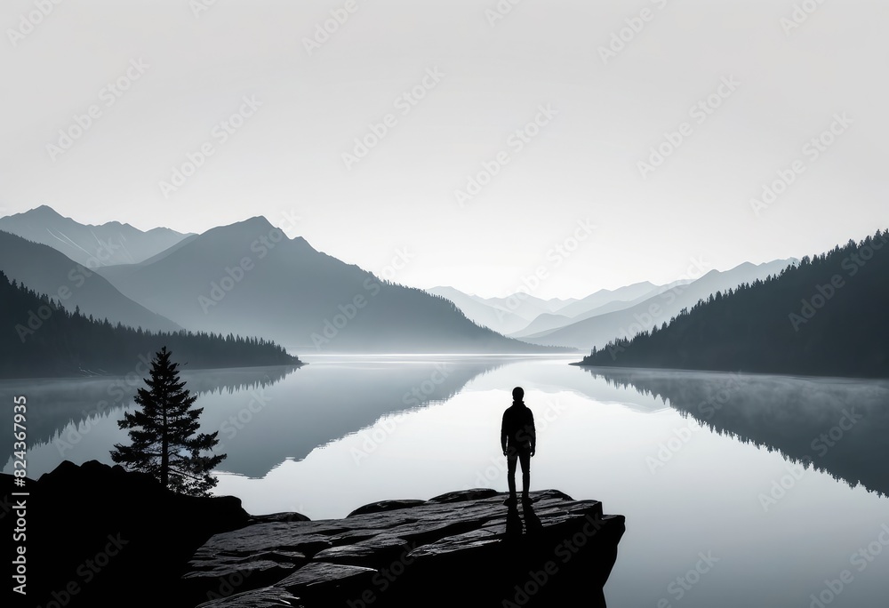 A silhouette figure stands on a cliff edge, gazing out over a tranquil lake below A silhouette figure stands on a cliff edge, gazing out over a tranquil lake below