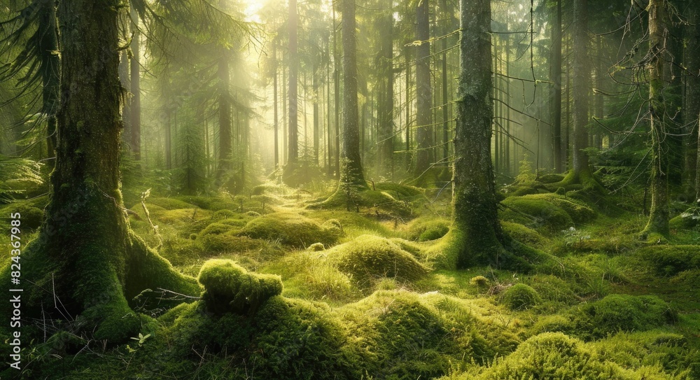 Obraz premium Coniferous Forest. A Magical Fairytale Landscape with Sunlight Filtering Through Trees