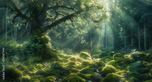 Coniferous Forest: A Magical Fairytale Landscape With Golden Sunlight and Mystical Atmosphere photo