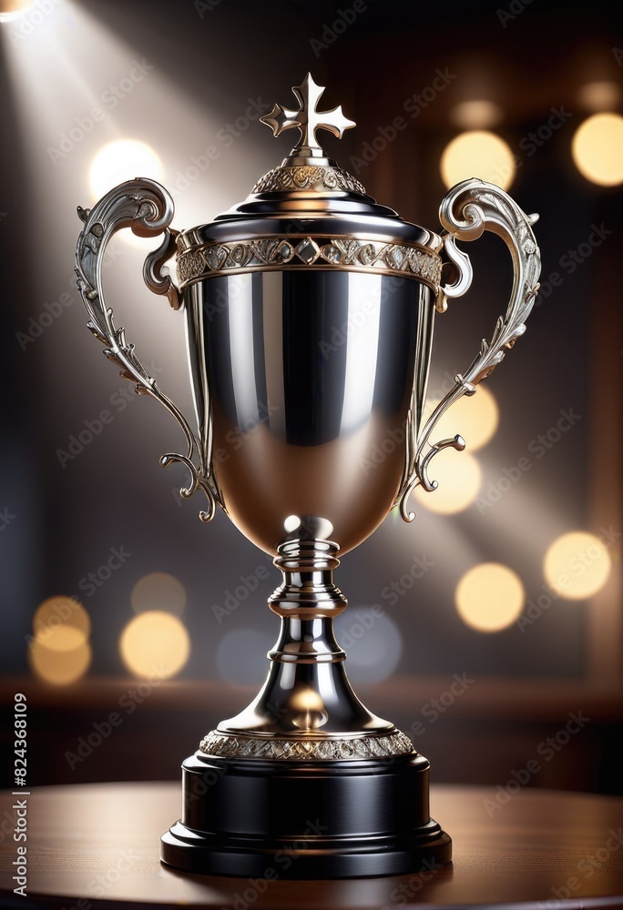Fototapeta premium a silver trophy takes center stage against a blurred background illuminated by a spotlight 