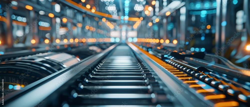A detailed close up of automated conveyor belts efficiently transporting materials through a factory A detailed close up of automated conveyor belts efficiently transporting materials through a factory