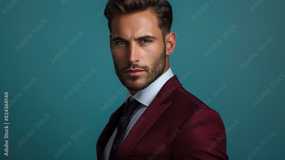 A portrait of a man in a tailored dark green suit, his focused gaze directed towards the camera with determination A portrait of a man in a tailored dark green suit, his focused gaze directed towards the camera with determination