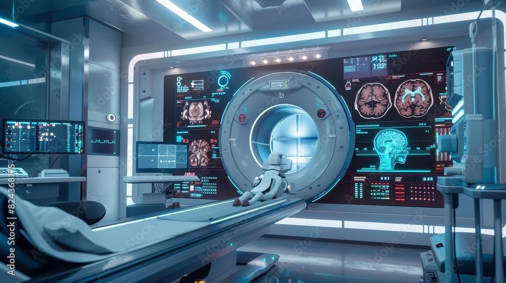 A detailed view of AIdriven diagnostic imaging, showcasing precise analysis of medical scans, in a hightech lab with a futuristic, cinematic look A detailed view of AIdriven diagnostic imaging, showcasing precise analysis of medical scans, in a hightech lab with a futuristic, cinematic look