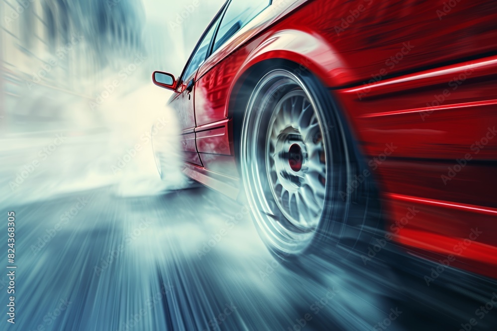 High performance sports car drifting on racetrack corner with ample space for text placement High performance sports car drifting on racetrack corner with ample space for text placement