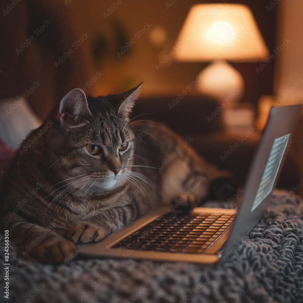 Close-up of a cute cat sitting on a table near a laptop. Cat working with laptop at home online, studying in home office, people working at home, freelancing, generating ai Close-up of a cute cat sitting on a table near a laptop. Cat working with laptop at home online, studying in home office, people working at home, freelancing, generating ai