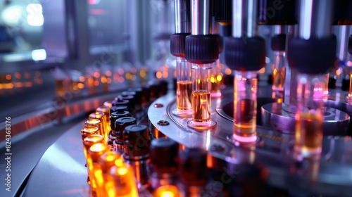 Advanced automatic machine inspecting pharmaceutical ampoules, capturing the detailed vial inspection process, futuristic lab setting