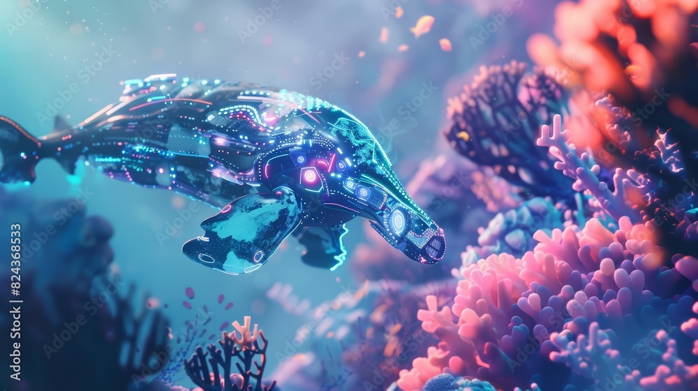 Fototapeta premium A futuristic concept of an aqua animal with cybernetic enhancements swimming gracefully through a vibrant coral reef
