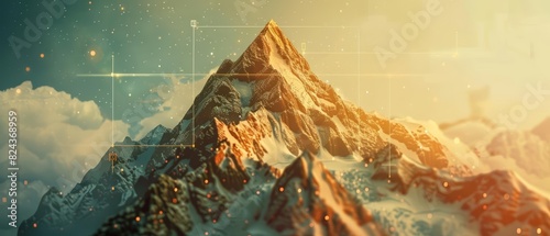A mountaintop view interwoven with the excitement of a new business venture, detailed with futuristic elements and a cinematic look, set against a blurry background photo