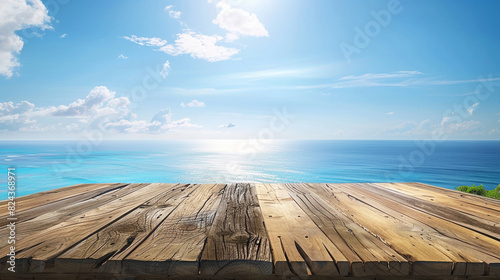 Rustic wooden podium with a panoramic view of an azure ocean and a cloudless summer sky
