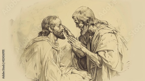 Jesus' Touch Healing a Blind Man, Biblical Illustration Capturing a Miracle of Compassion, Perfect for Religious article