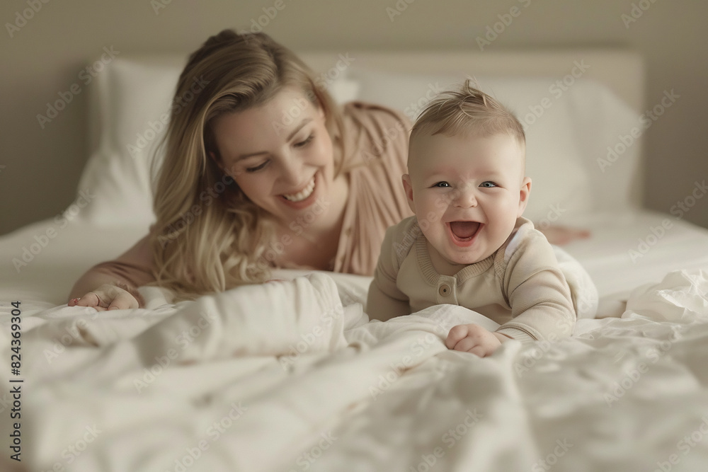 Joyful Mother and Baby Playing Together on a Soft Bed, Sharing a Moment of Happiness Joyful Mother and Baby Playing Together on a Soft Bed, Sharing a Moment of Happiness