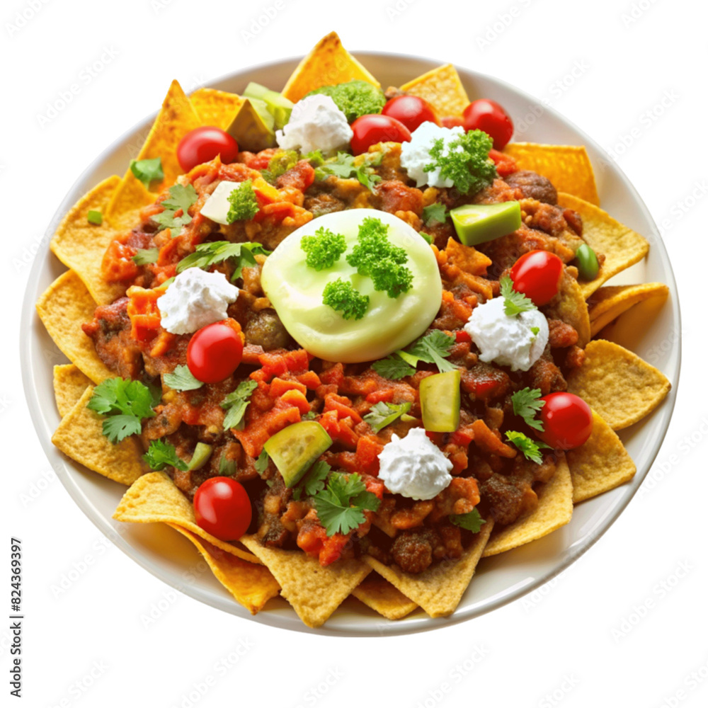 A plate of loaded nachos with cheese, salsa, guacamole, and sour cream isolated on Transparent background. A plate of loaded nachos with cheese, salsa, guacamole, and sour cream isolated on Transparent background.
