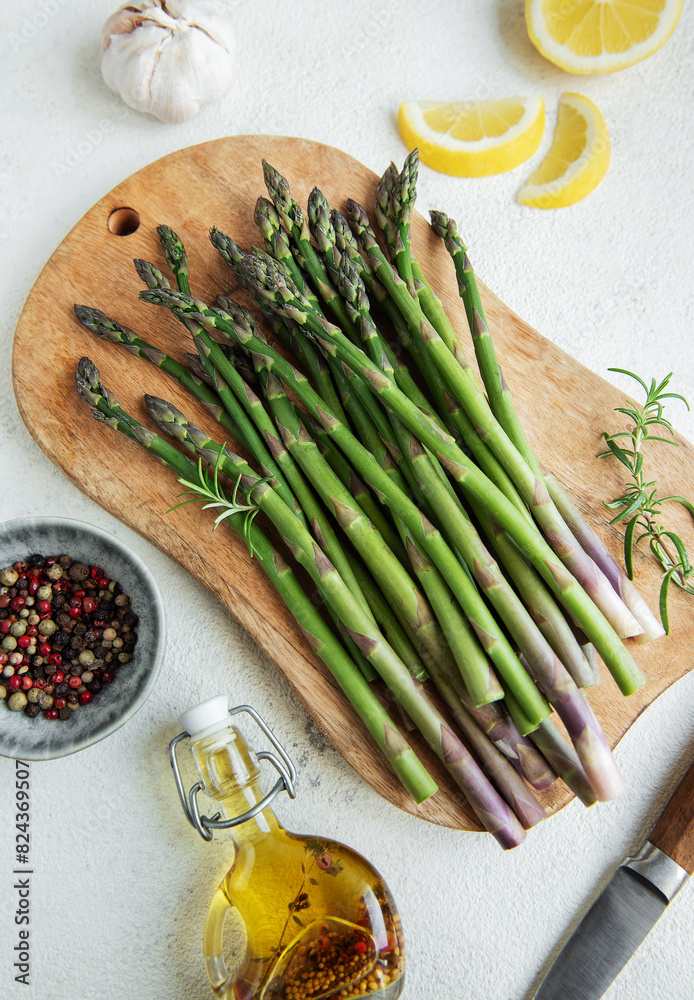 Bunches of green raw  asparagus.