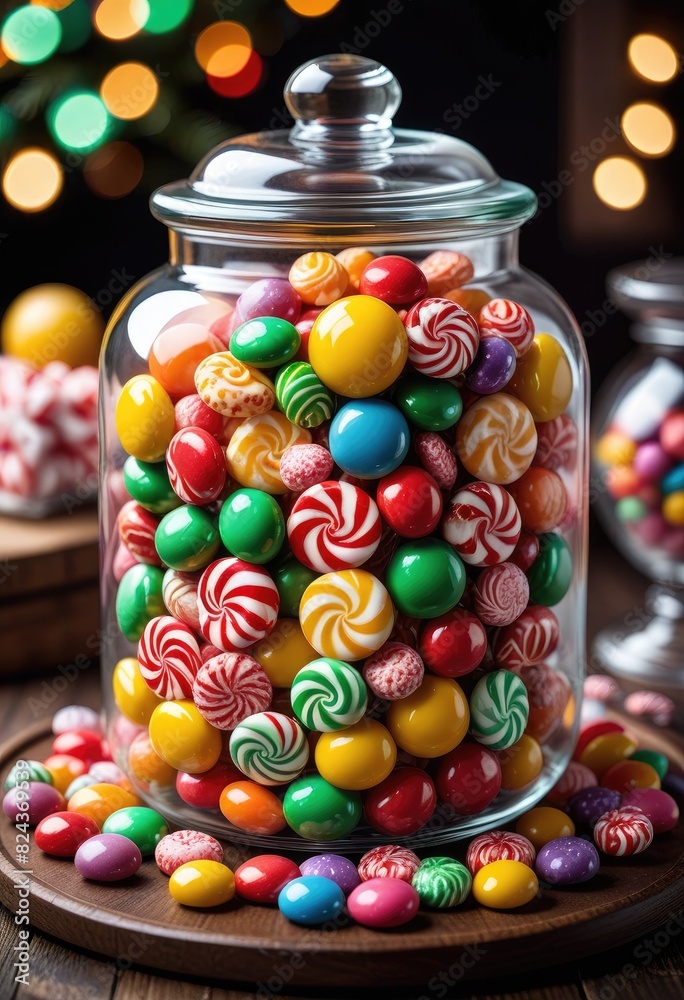 A vibrant, handcrafted candy jar filled with colorful Christmas treats makes for a delightful holiday gift A vibrant, handcrafted candy jar filled with colorful Christmas treats makes for a delightful holiday gift