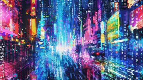 A watercolor of binary code, cascading down like rain, in a neonlit cityscape, within a cyberpunk metropolis, clipart isolated on white