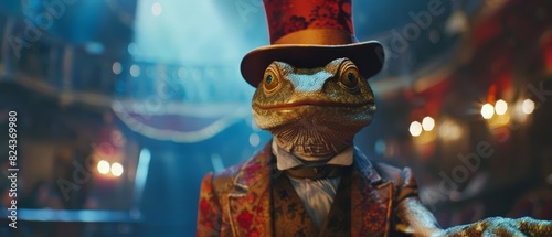 Amazing closeup charismatic of a newt dressed as a magician, pulling holographic tricks from a digital hat, in a magical theater, Sharpen banner cinematic with copy space photo