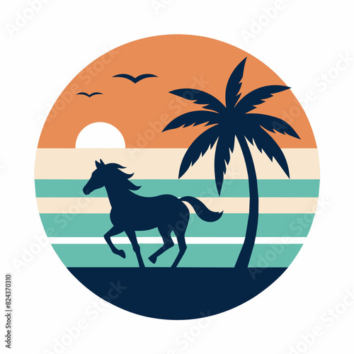 Running horse with palm tree t-shirt vector art illustration.