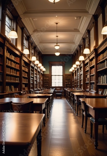 An abstract view showcases an empty college library interior room, with bookshelves lining the walls, while a blurred classroom in the background adds depth with a defocus effect 