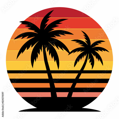 Sunset with palm trees and autumn feel t-shirt vector art illustration.