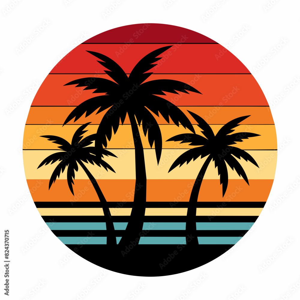 Sunset with palm trees and autumn feel t-shirt vector art illustration.