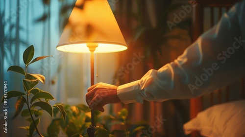 Close up of a mans hand turning off a torchiere lamp photo