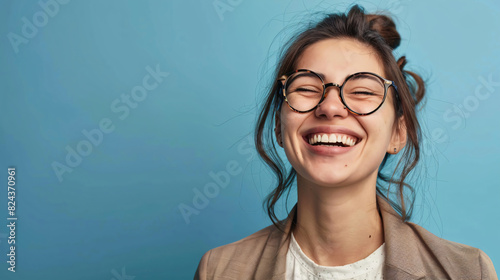 Woman Laughing Design Background for Social Media with copy space text, for happiness, joy, and portrait photo