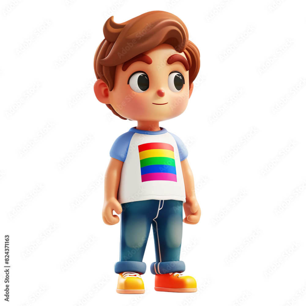 A 3D character wearing a t-shirt with the rainbow pride symbol, standing confidently with a transparent background. A 3D character wearing a t-shirt with the rainbow pride symbol, standing confidently with a transparent background.