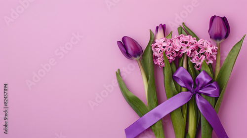 Purple Flowers With Ribbon Design Background for Social Media with copy space text, for spring, floral, and nature