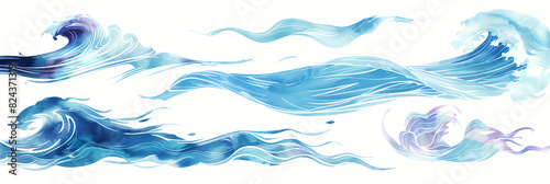 Watercolor Blue and Purple Ocean Wave Patterns Clipart 