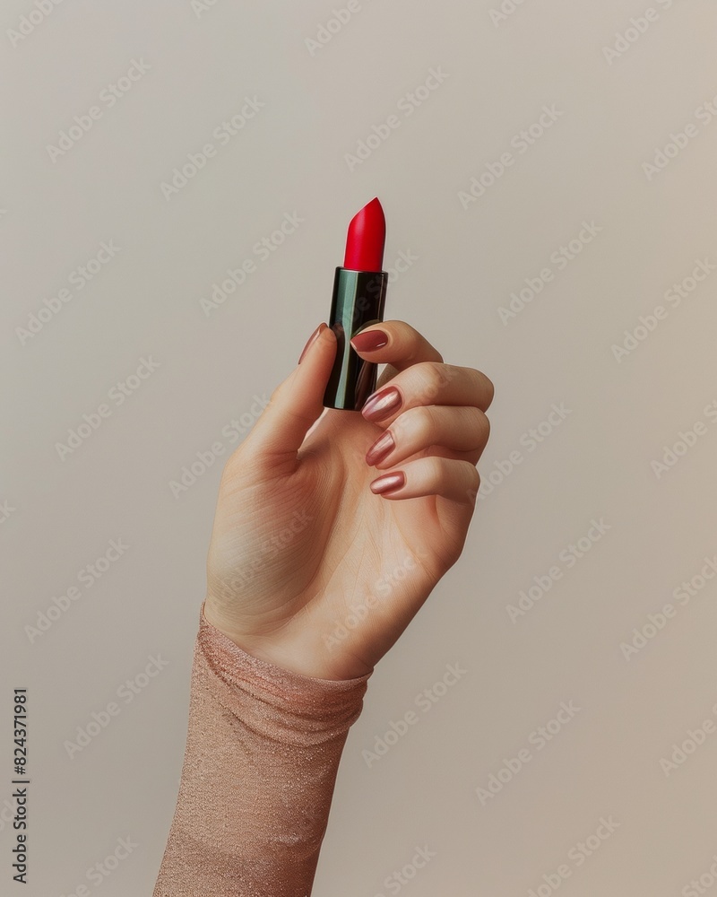 Elegant Elderly Woman's Hand Holding Classic Red Lipstick, Minimalist Advertising Photography with Soft Natural Light