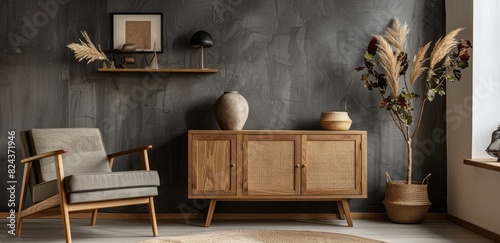 Modern living room interior with wooden cabinet and armchair against grey wall, minimalist home decor